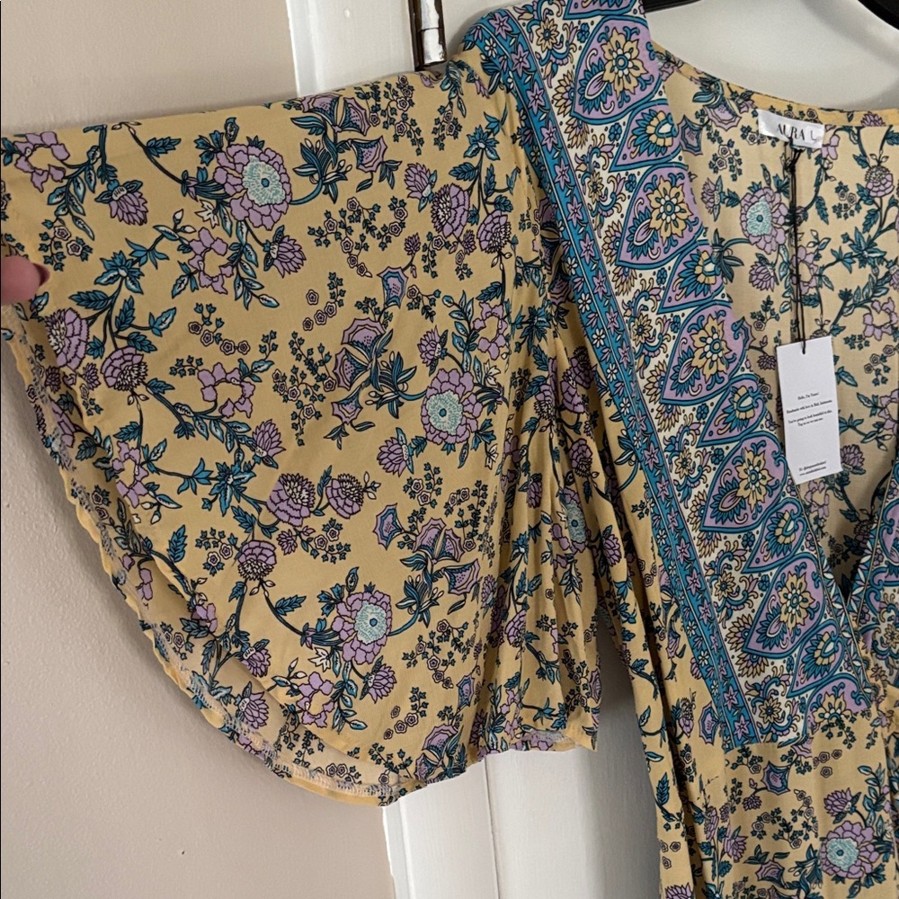 Aura Yellow Floral Maxi Dress with Blue Paisley Trim - Picture 4 of 7